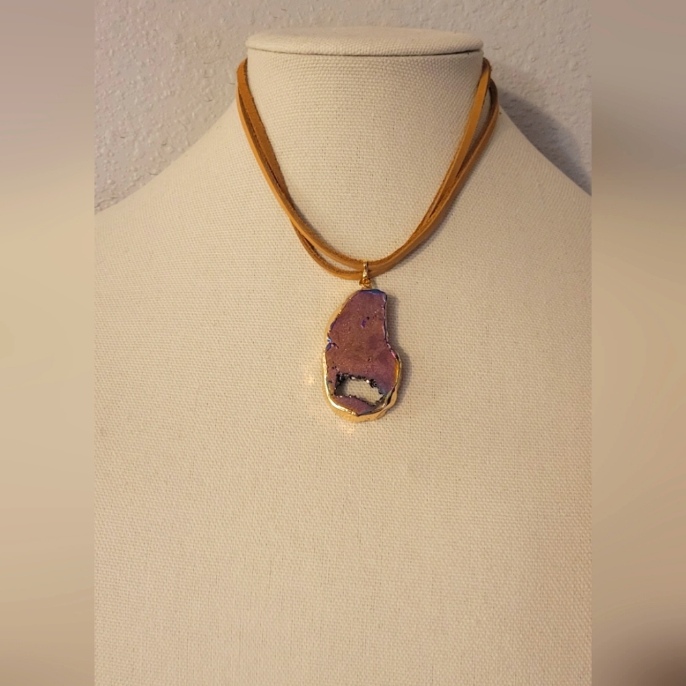 Genuine leather necklace, Genuine natural agate stone pendant